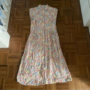 Loft Floral Midi Pocket Shirt Dress Button Front Adjustable Waist Size 6